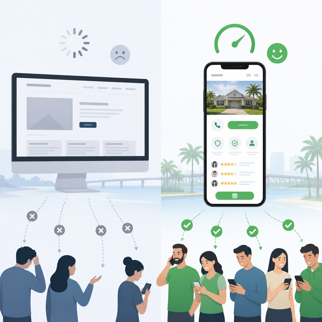 Left: A website optimized for search rankings but not conversion. Right: Fully optimized for both discovery and action. CRO + SEO = maximum lead generation ROI.