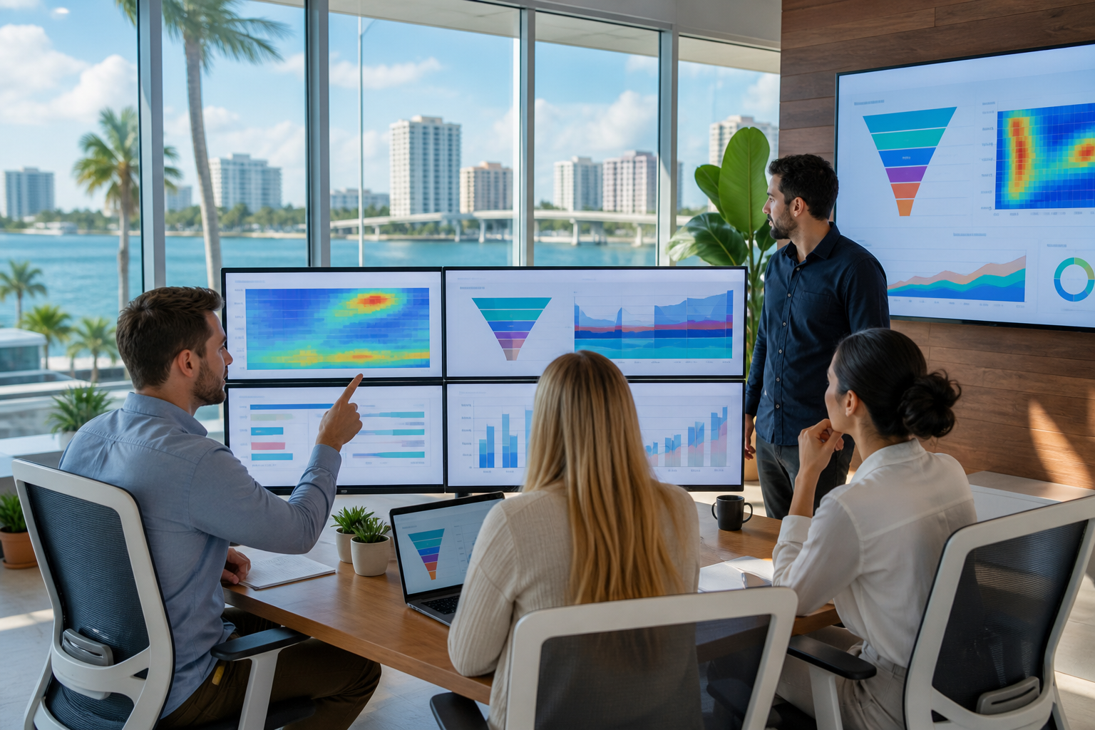 Modern office in Sarasota with a team analyzing conversion rate optimization metrics on multiple monitors