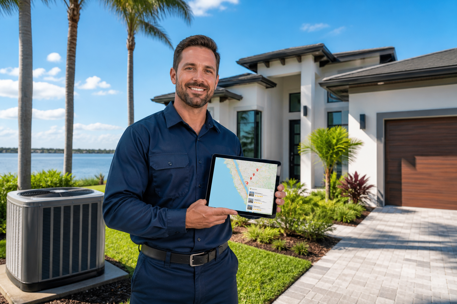 A professional HVAC technician in front of a modern Sarasota home holding a tablet showing Google Maps ranking