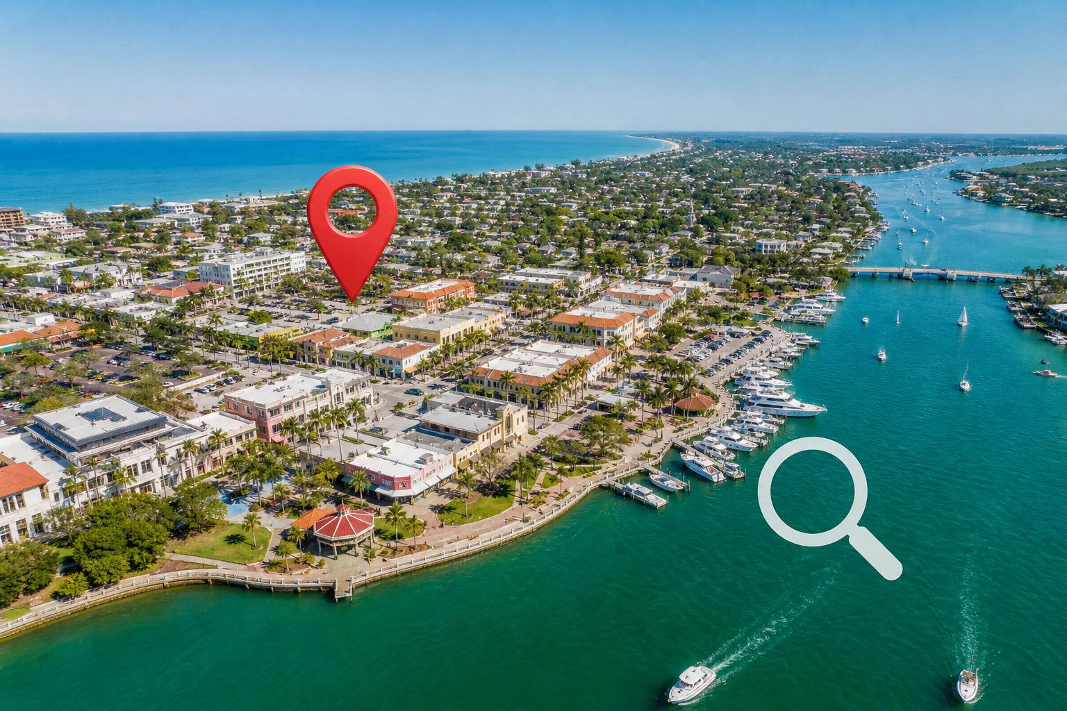 Aerial view of Venice, Florida waterfront with downtown businesses, boats, and coastal landscape, symbolizing local SEO discovery on Google Maps