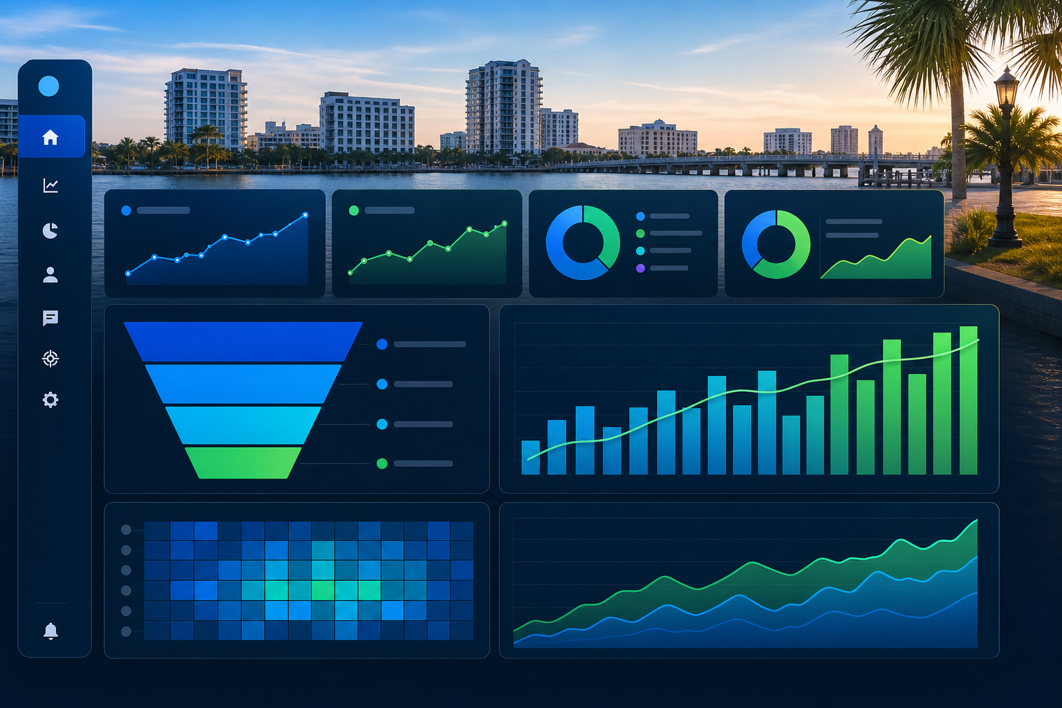 Professional digital marketing dashboard showing PPC campaign metrics, conversion funnels, and ROI graphs with Palmetto, FL cityscape in background