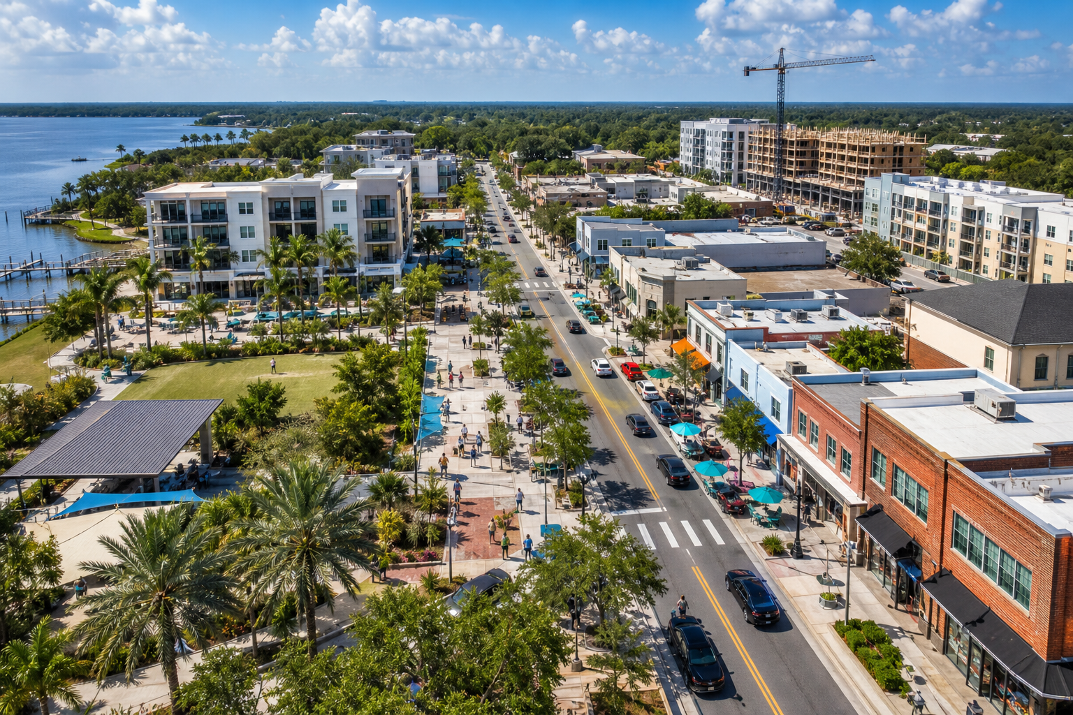 Aerial view of downtown Palmetto, Florida with modern redevelopment projects, storefronts, and busy street activity during daytime, vibrant and growth-focused atmosphere