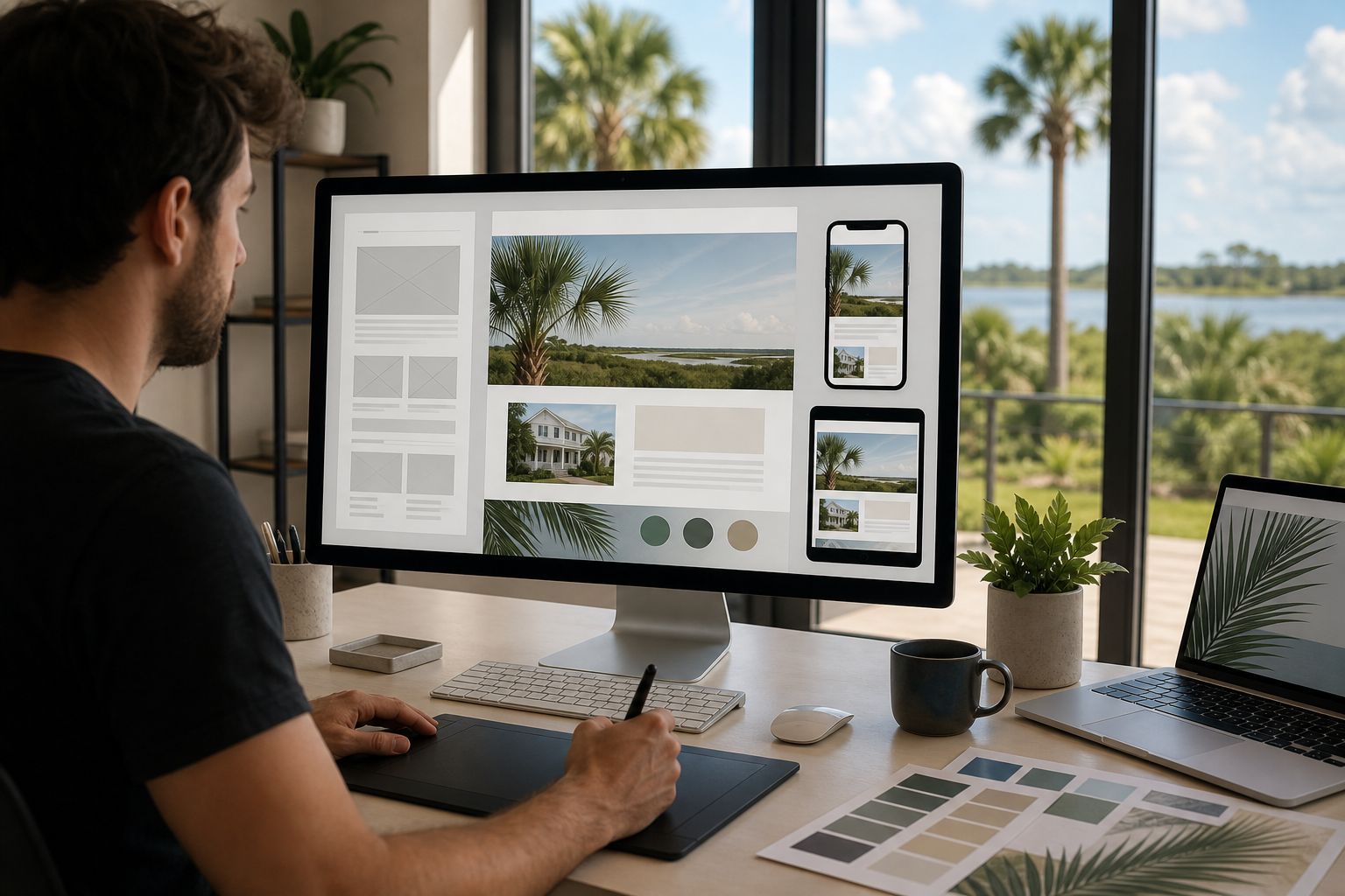 Modern web design workspace showing a designer working on a responsive website layout for a local Palmetto business